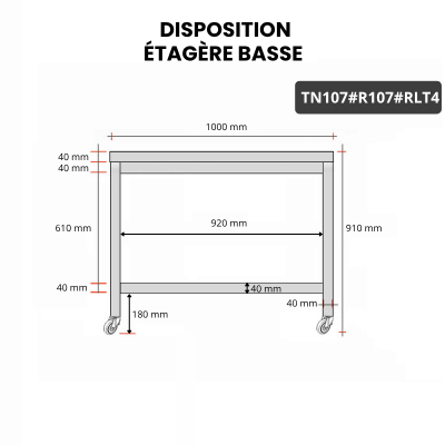 Table inox 1000 x 700 mm avec renfort sur roulettes / GOLDINOX
