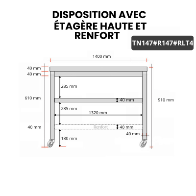 Table inox 1400 x 700 mm avec renfort sur roulettes / GOLDINOX