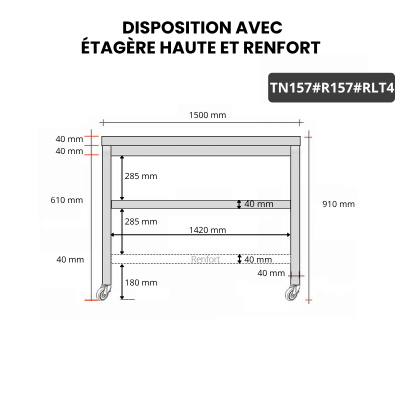 Table inox 1500 x 700 mm avec renfort sur roulettes / GOLDINOX
