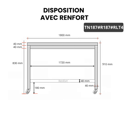 Table inox 1800 x 700 mm avec renfort sur roulettes / GOLDINOX