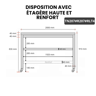 Table inox 2000 x 700 mm avec renfort sur roulettes / GOLDINOX
