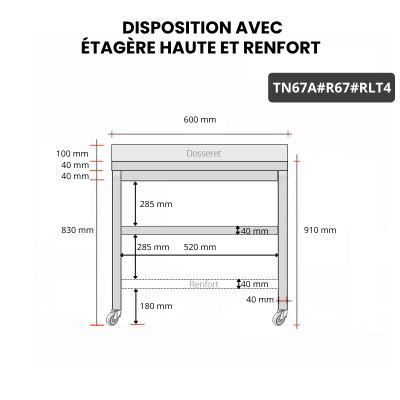 Table inox 600 x 700 mm adossée avec renfort sur roulettes / GOLDINOX