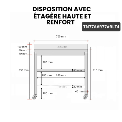 Table inox 700 x 700 mm adossée avec renfort sur roulettes / GOLDINOX