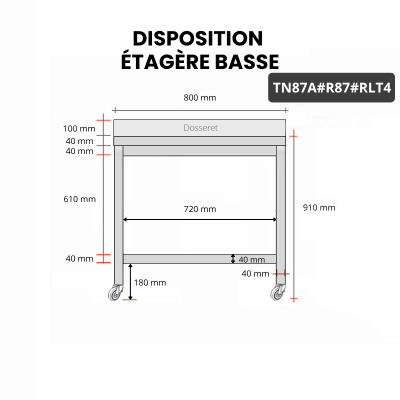 Table inox 800 x 700 mm adossée avec renfort sur roulettes / GOLDINOX