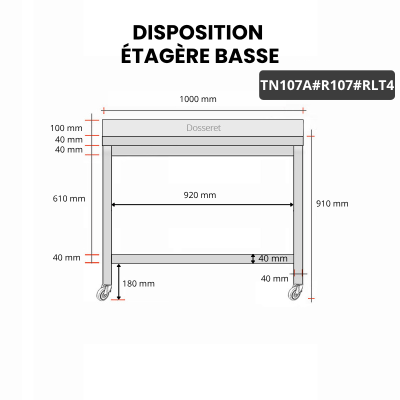 Table inox 1000 x 700 mm adossée avec renfort sur roulettes / GOLDINOX