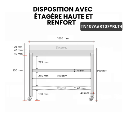 Table inox 1000 x 700 mm adossée avec renfort sur roulettes / GOLDINOX