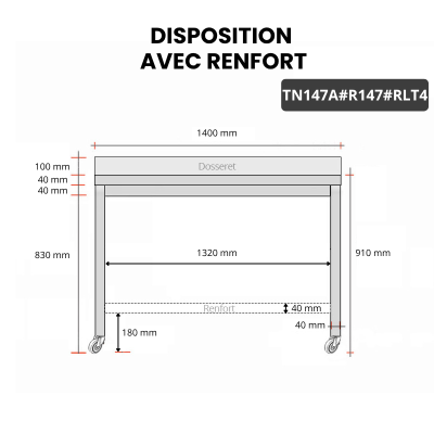 Table inox 1400 x 700 mm adossée avec renfort sur roulettes / GOLDINOX