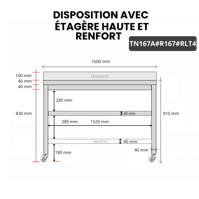 Table inox 1600 x 700 mm adossée avec renfort sur roulettes / GOLDINOX