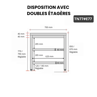 Table inox 700 x 700 mm avec 2 étagères / GOLDINOX