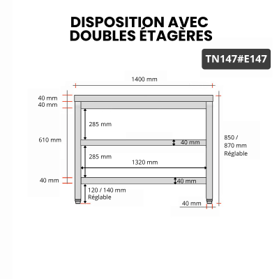 Table inox 1400 x 700 mm avec 2 étagères / GOLDINOX