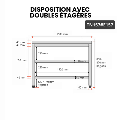 Table inox 1500 x 700 mm avec 2 étagères / GOLDINOX