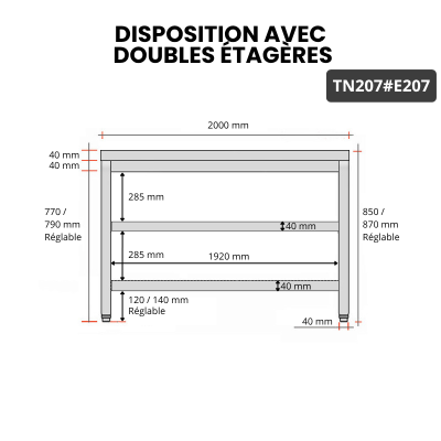 Table inox 2000 x 700 mm avec 2 étagères / GOLDINOX