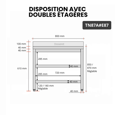 Table inox 800 x 700 mm adossée avec 2 étagères / GOLDINOX