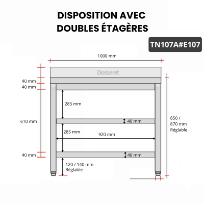 Table inox 1000 x 700 mm adossée avec 2 étagères / GOLDINOX