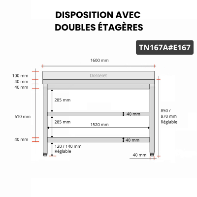 Table inox 1600 x 700 mm adossée avec 2 étagères / GOLDINOX
