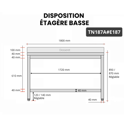 Table inox 1800 x 700 mm adossée avec 2 étagères / GOLDINOX