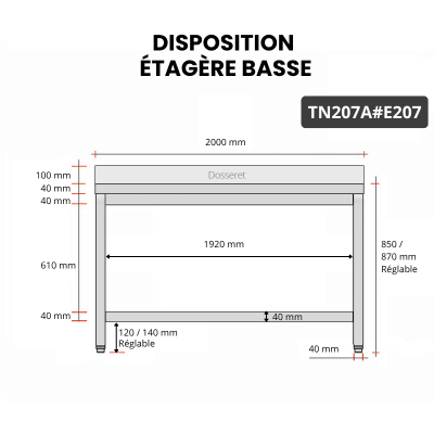 Table inox 2000 x 700 mm adossée avec 2 étagères / GOLDINOX