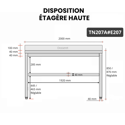 Table inox 2000 x 700 mm adossée avec 2 étagères / GOLDINOX