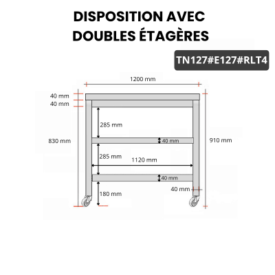 Table inox 1200 x 700 mm avec 2 étagères sur roulettes / GOLDINOX