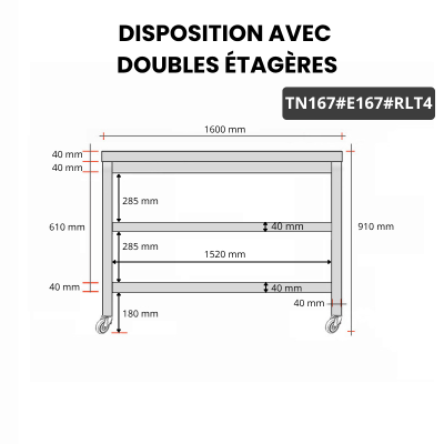 Table inox 1600 x 700 mm avec 2 étagères sur roulettes / GOLDINOX