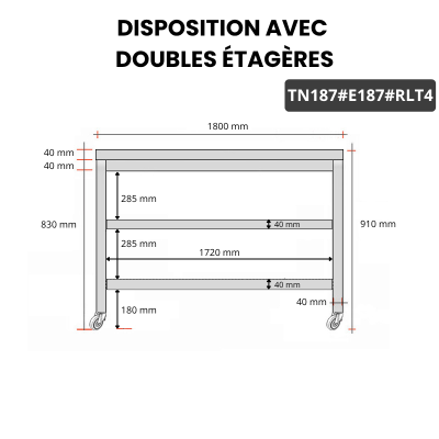 Table inox 1800 x 700 mm avec 2 étagères sur roulettes / GOLDINOX
