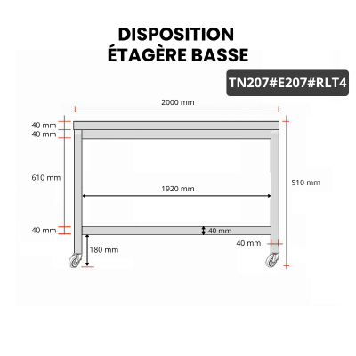 Table inox 2000 x 700 mm avec 2 étagères sur roulettes / GOLDINOX