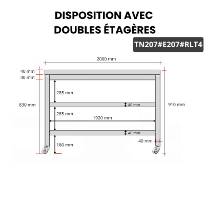 Table inox 2000 x 700 mm avec 2 étagères sur roulettes / GOLDINOX