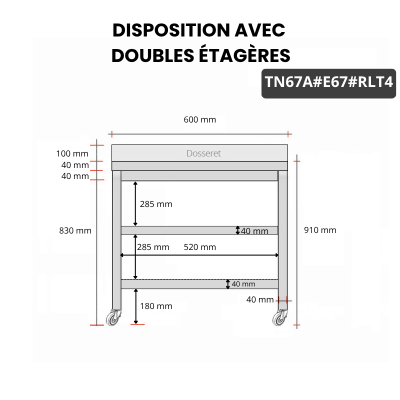 Table inox 600 x 700 mm adossée avec 2 étagères sur roulettes / GOLDINOX
