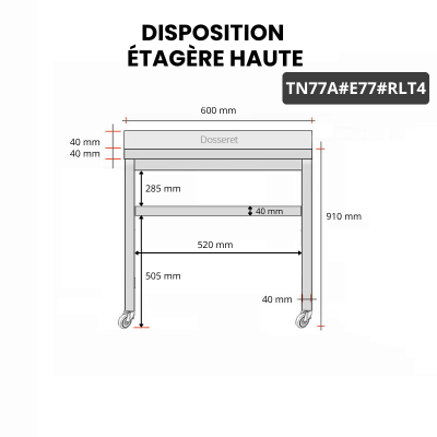 Table inox 700 x 700 mm adossée avec 2 étagères sur roulettes / GOLDINOX