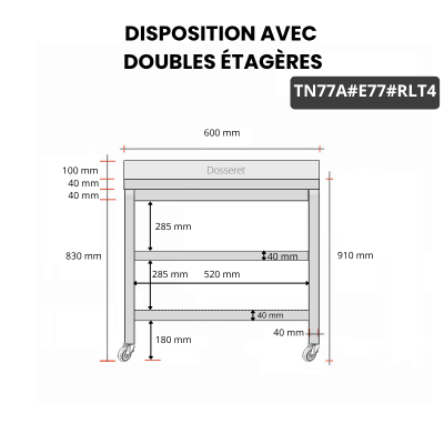Table inox 700 x 700 mm adossée avec 2 étagères sur roulettes / GOLDINOX
