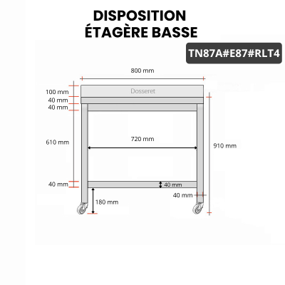 Table inox 800 x 700 mm adossée avec 2 étagères sur roulettes / GOLDINOX