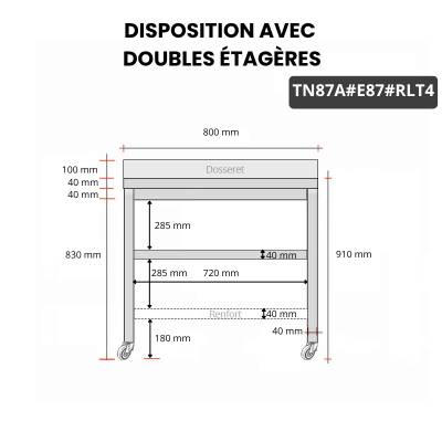 Table inox 800 x 700 mm adossée avec 2 étagères sur roulettes / GOLDINOX