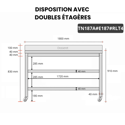 Table inox 1800 x 700 mm adossée avec 2 étagères sur roulettes / GOLDINOX