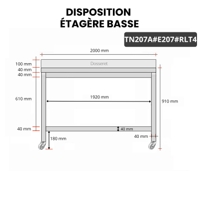 Table inox 2000 x 700 mm adossée avec 2 étagères sur roulettes / GOLDINOX