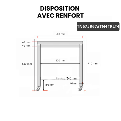 Table inox soubassement 600 x 700 mm avec renfort sur roulettes / GOLDINOX