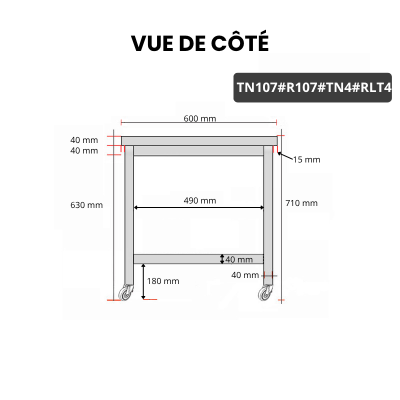 Table inox soubassement 1000 x 700 mm avec renfort sur roulettes / GOLDINOX