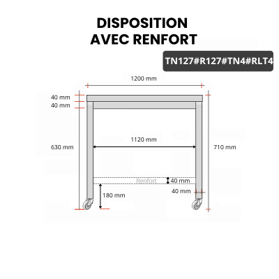 Table inox soubassement 1200 x 700 mm avec renfort sur roulettes / GOLDINOX