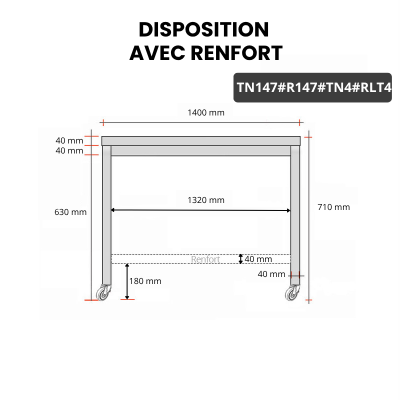 Table inox soubassement 1400 x 700 mm avec renfort sur roulettes / GOLDINOX