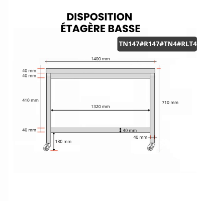 Table inox soubassement 1400 x 700 mm avec renfort sur roulettes / GOLDINOX