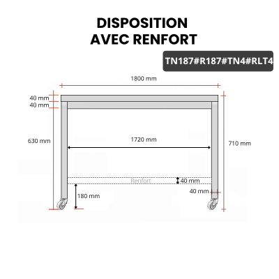 Table inox soubassement 1800 x 700 mm avec renfort sur roulettes / GOLDINOX