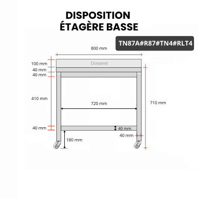 Table inox soubassement 800 x 700 mm adossée avec renfort sur roulettes / GOLDINOX