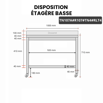 Table inox soubassement 1000 x 700 mm adossée avec renfort sur roulettes / GOLDINOX