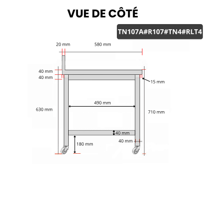 Table inox soubassement 1000 x 700 mm adossée avec renfort sur roulettes / GOLDINOX