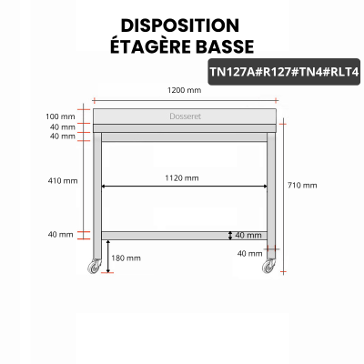 Table inox soubassement 1200 x 700 mm adossée avec renfort sur roulettes / GOLDINOX
