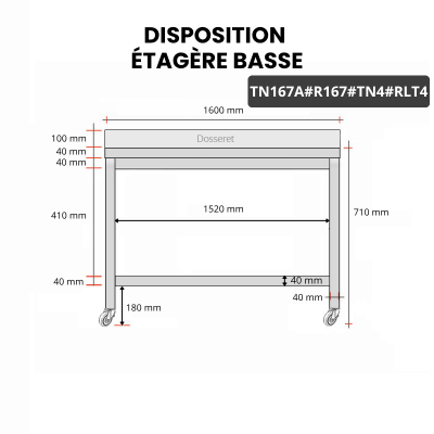 Table inox soubassement 1600 x 700 mm adossée avec renfort sur roulettes / GOLDINOX