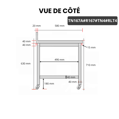 Table inox soubassement 1600 x 700 mm adossée avec renfort sur roulettes / GOLDINOX