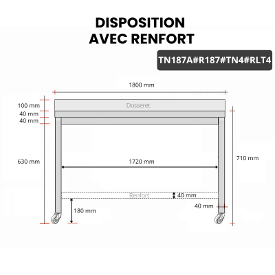 Table inox soubassement 1800 x 700 mm adossée avec renfort sur roulettes / GOLDINOX