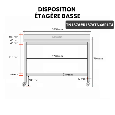 Table inox soubassement 1800 x 700 mm adossée avec renfort sur roulettes / GOLDINOX