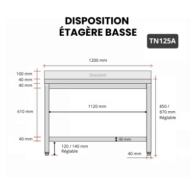 Table inox 1200 x 500 mm adossée / GOLDINOX