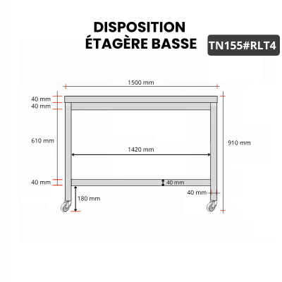 Table inox 1500 x 500 mm sur roulettes / GOLDINOX
